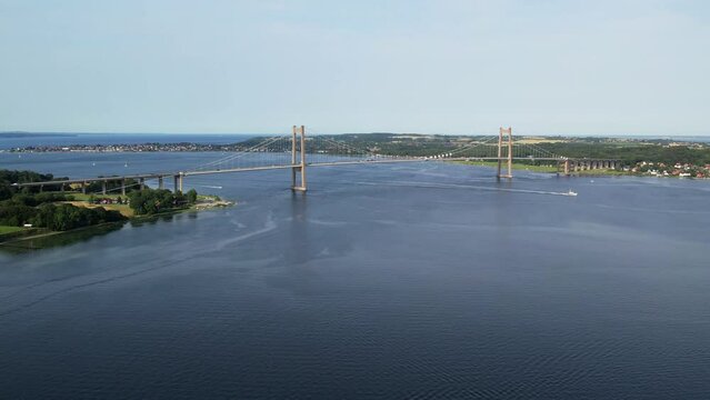 Aerial fly over the harbor and village of Middelfart Denmark during summer
