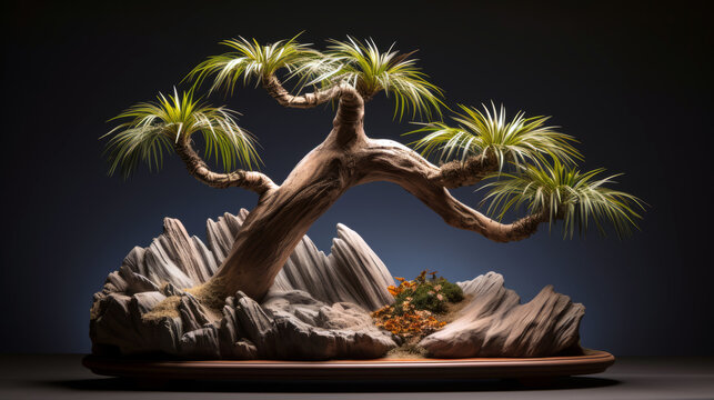 palm tree bonsai with sandstone rock