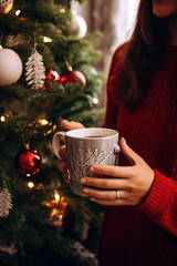 Woman hands in warm sweater holding stylish mug at illumination bokeh