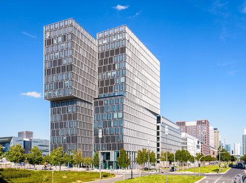 Frankfurt am Main, Germany - August 18, 2023: General view of the FAZ Tower in the Europaviertel district, seat of the Frankfurter Allgemeine Zeitung since 2022, designed by Eike Becker Architekten.