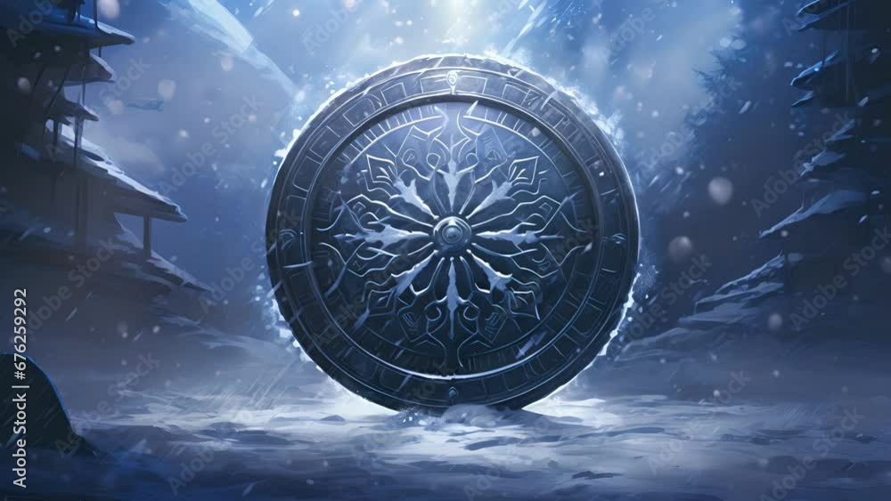 Poster an armored perimeter of hovering and swirling snowflakes converging to form an unbreakable shield of