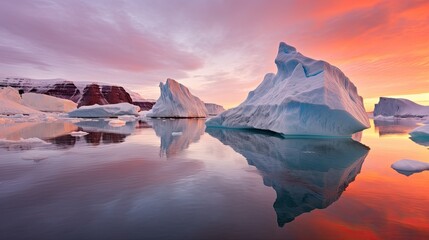 Tabular Icebergs at Sunset in Disko Bay
