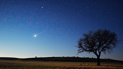The moon sets and meteors are beside a lonely tree on the grassland.
