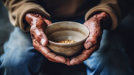 The poor old man's hands hold an empty bowl of beg you for help. The concept of hunger or poverty. Selective focus. Poverty in retirement.
 - obrazy, fototapety, plakaty