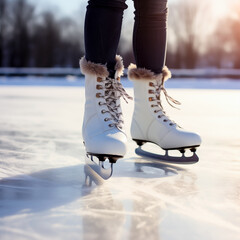Figure skating Ice skates, standing on the ice of an open ice rink or arena. Concept of winter activities and ice-skating. Shallow field of view with copy space.