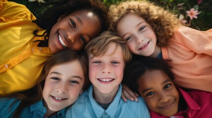 Directly above portrait of children lying on field in yard	