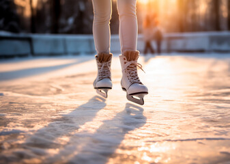 Figure skating Ice skates, standing on the ice of an open ice rink or arena. Concept of winter activities and ice-skating. Shallow field of view with copy space. - obrazy, fototapety, plakaty