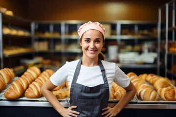 Portrait of beautiful female deli worker in uniform selling fresh pastries and bred in supermarket bakery department - obrazy, fototapety, plakaty
