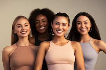 Fototapeta premium Face portrait, beauty and group of women in studio on gray background. Cosmetics, makeup and diversity of female models with glowing and flawless skin after spa facial treatment posing for skincare.