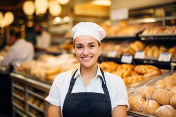 Portrait of beautiful female deli worker in uniform selling fresh pastries and bred in supermarket bakery department - obrazy, fototapety, plakaty