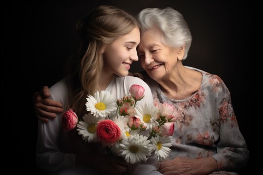 Happy senior woman enjoying in daughter's affection on Mother's day.	