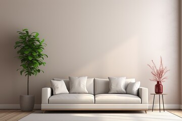 Modern living room interior design with white background wall, white large sofa and artificial plant. Created with Ai