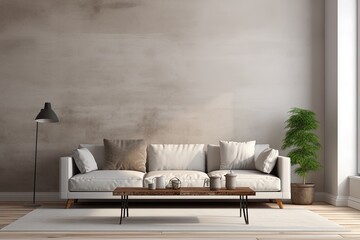 Interior design of a modern living room with grey walls, sofa, table and plants at side. Created with Ai