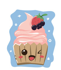 Vector illustration of a cake icon, with strawberries and grapes on top, suitable for the cupcake food business