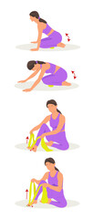 Vector illustration. A set of exercises for myofascial release for the legs with a spiked ball and tape. Rehabilitation training