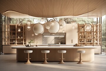 Modern interior design of kitchen room with stylish chairs and table and fairy lights. Created with Ai