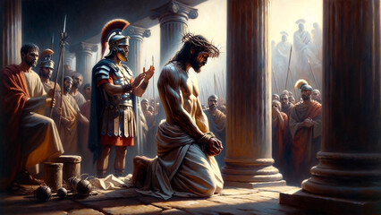 Crowned in Suffering: Jesus's Scourging and Mockery by Roman Soldiers during the Passion of Christ.