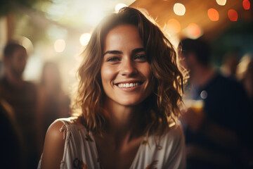 portrait of Woman smiling at party - obrazy, fototapety, plakaty
