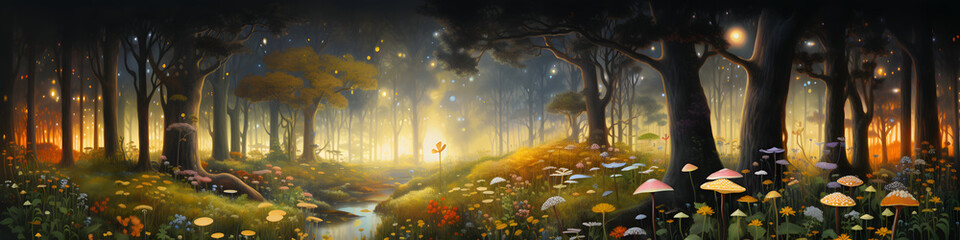 Animated magical forest where fairy lights illuminate dense, vibrant vegetation filled with colorful flowers and mushrooms. Luminous flora sets a mystic scene.