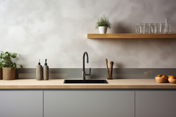 Interior of modern kitchen with countertop, sink, faucet and plant