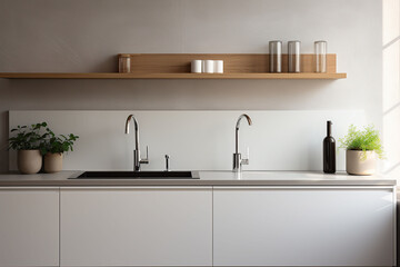 Fototapeta na wymiar Interior of modern kitchen with countertop, sink, faucet and plant