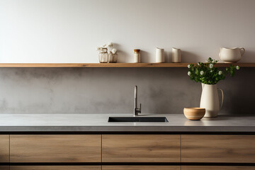 Interior of modern kitchen with countertop, sink, faucet and plant