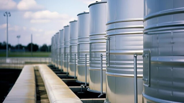 A row of cylindrical storage tanks is showcased in this image. The tanks are constructed from reinforced concrete and can individually hold hundreds of thousands of gallons of ethanol, ready