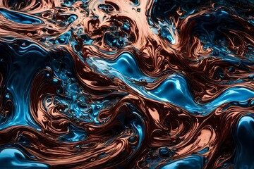 Liquid copper and cool cerulean in a surreal liquid dance.