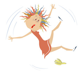 Young woman falling banana peel. 
Cartoon young woman falling down slipping on banana peel
