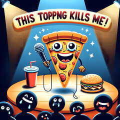 Vector clipart of a slice of pizza holding a microphone on a stand-up comedy stage with a spotlight shining down, with the text 'This topping kills me.png Generative AI - obrazy, fototapety, plakaty