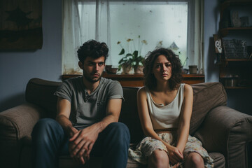 sad couple sitting on the couch in home - obrazy, fototapety, plakaty