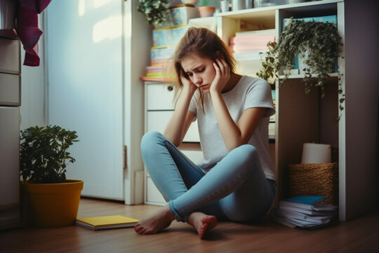Sad teenage girl sitting on the floor at home, Upset female high school student in room, Teenage problems, stress, depression, adolescence, mental health concept