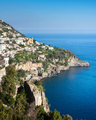 Fototapeta na wymiar Praiano town in Amalfi coast, panoramic view. Italy