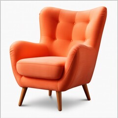 Isolated rufous velvet armchair. Vintage soft orange chair. Insulated furniture