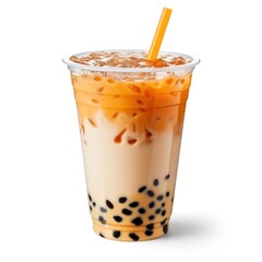 Light brown creamy bubble tea with milk and black tapioca with a green straw in a transparent cup isolated on white	
