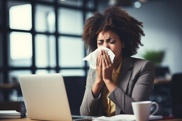 Shot of a frustrated businesswoman using a tissue to sneeze in while being seated in the office - obrazy, fototapety, plakaty