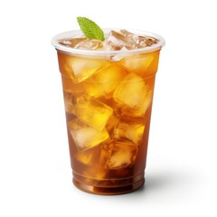 Iced Lemon Tea with lemon slice in glass. White Background isolated