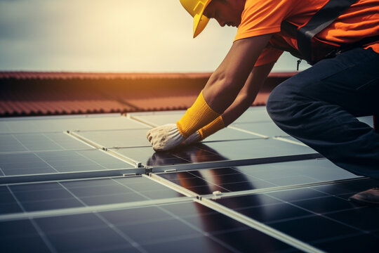 Service engineer checking solar cell on the roof for maintenance if there is a damaged part, Engineer worker install solar panel, Clean energy concept