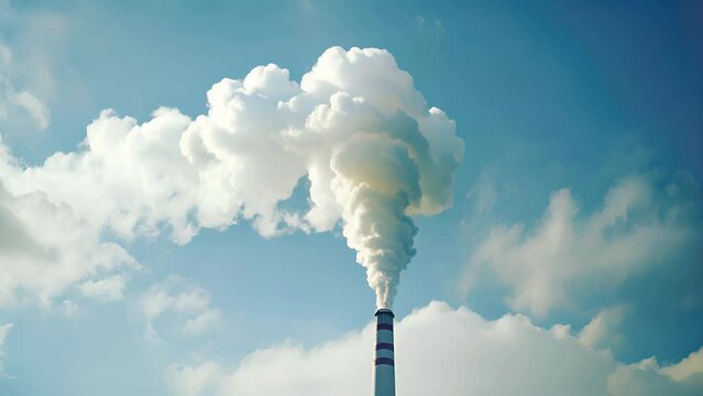 A detailed view of an industrial chimney spewing smoke against a clear sky, representing uncompensated carbon emissions.