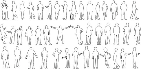 Man Line Art Collection: Modern, minimal vector illustrations of men in diverse poses, standing, walking, running, jumping, sitting, stretching, exercising men in casual, formal, professional attire