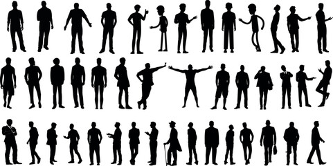 Silhouette people vector illustration isolated on white background. Various poses standing, walking, running, jumping, dancing, sitting, waving, cheering, stretching, exercising. Men, adults