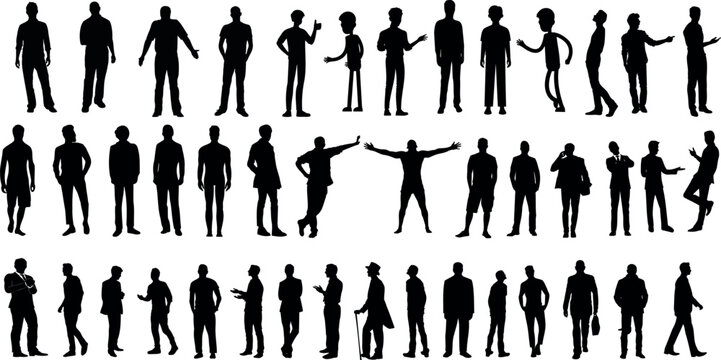 Silhouette people vector illustration isolated on white background. Various poses standing, walking, running, jumping, dancing, sitting, waving, cheering, stretching, exercising. Men, adults
