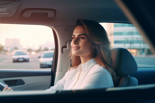 Smiling business woman traveling with her car around the city