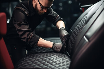 Specialist Professional Car Cleaning and Detailing Company Vacuum Cleaning an Ecological Perforated Black Faux Leather Interior in a Modern Sportscar, Worker Cleaning Every Little Seam on the Car Seat - obrazy, fototapety, plakaty