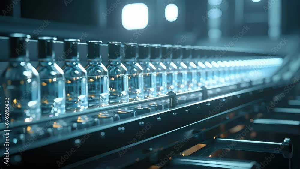 Poster closeup shot of an industrial conveyor belt showcasing the seamless movement of filled beverage bott