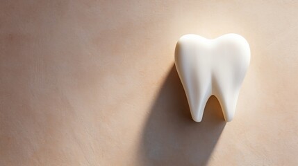 Human tooth against stone beige background with shadow cast by strong light, represents simplicity maintaining healthy teeth, child milk tooth, minimalistic dental care concept - obrazy, fototapety, plakaty