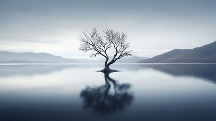 Lonely tree in midst of bleak lake creates melancholic atmosphere evoking sense of isolation, decay...