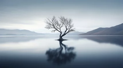 Fotobehang Lonely tree in midst of bleak lake creates melancholic atmosphere evoking sense of isolation, decay and passage of time, beauty in melancholic solitude and passage of time © TRAVELARIUM