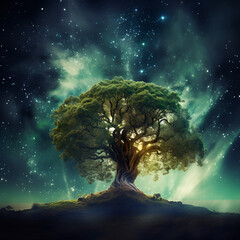 Natures Night Symphony Majestic Big Green Tree Silhouetted Against a Galaxy Sky