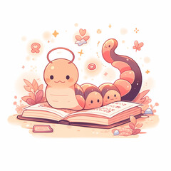 Vector illustration of a cute orange worm smiling and reading his favorite book on the ground, surrounded by leaves and flowers. white background Can be used in campaigns to promote reading.
